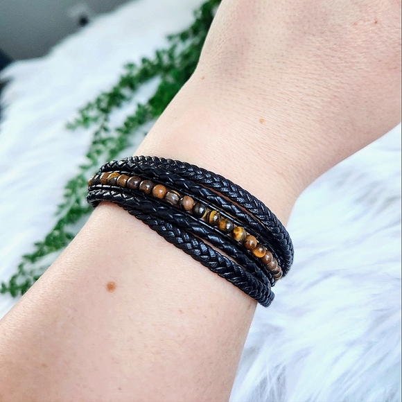 New Ryze Men's Black Vegan Leather  Tigers Eye Accent Stone Wrap Bracelet - Picture 7 of 8